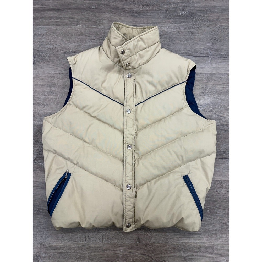 Vintage Woolrich Down Puffer Vest Navy Tan Size Medium Hiking Outdoor Snap READ